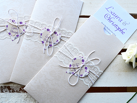 Afternoon Tea, Wallet weddin invitation with lace and twine tie, heart tag and inserts